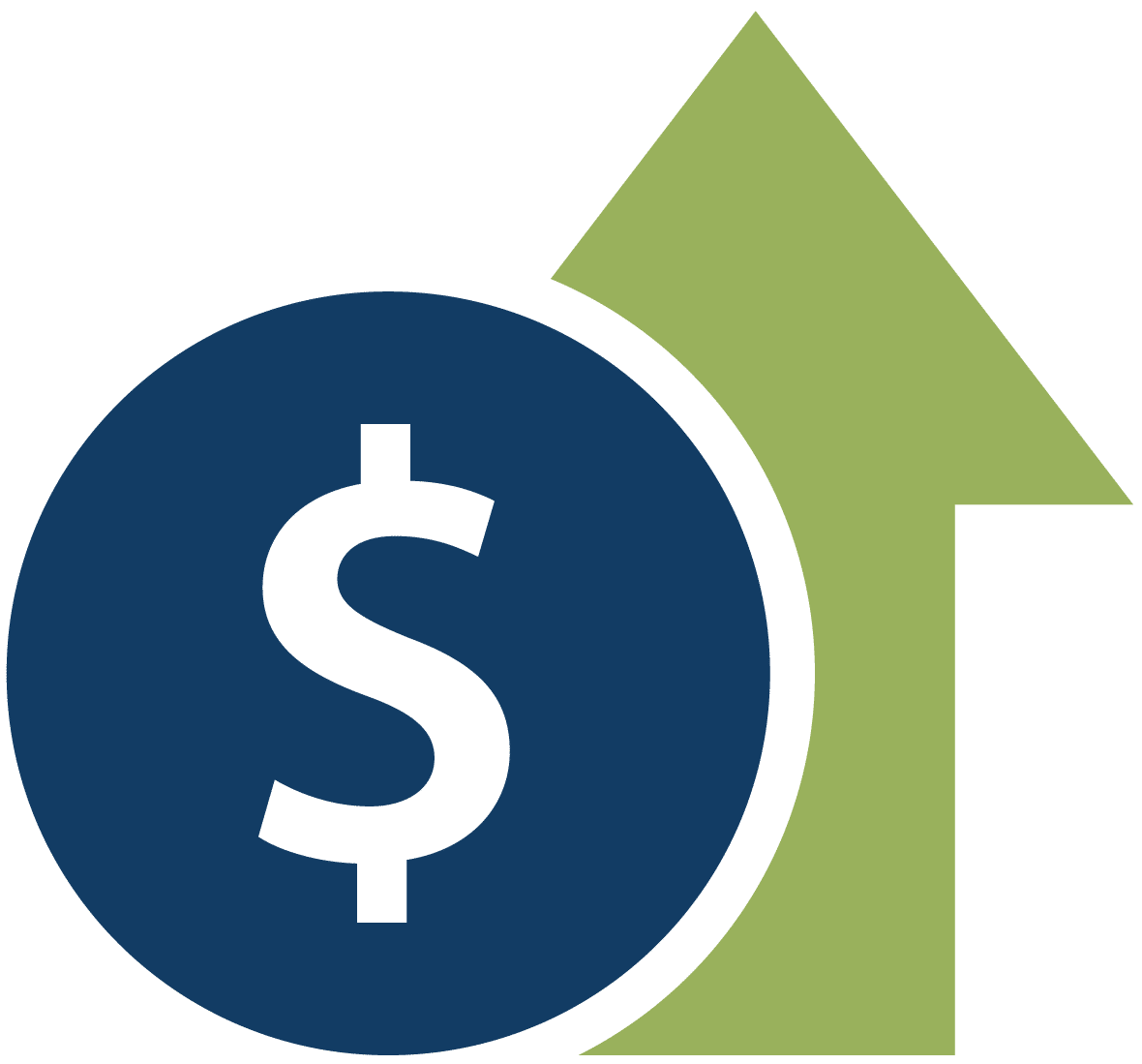 Finansal b&uuml;y&uuml;meyi temsil eden b&uuml;y&uuml;k yeşil bir yukarı ok ile &uuml;st &uuml;ste binmiş beyaz dolar işaretli lacivert bir daire; k&acirc;rını artırmayı veya y&uuml;kselen başarısını sergilemeyi hedefleyen bir b2b dijital pazarlama ajansı i&ccedil;in ideal.